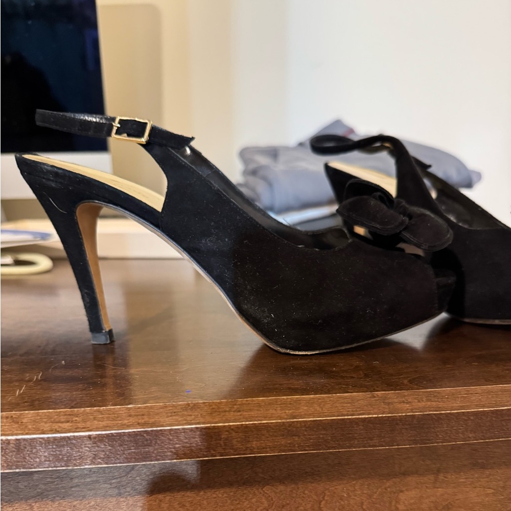 Gorgeous suede black sling back high heels with black suede flower peep toe